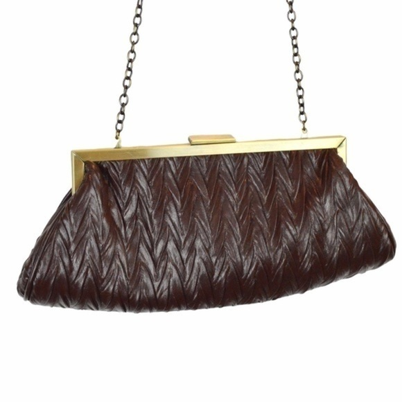 Jessica McClintock Textured Brown Clutch Chain Handle Clasp Frame Purse Bag - Picture 1 of 7